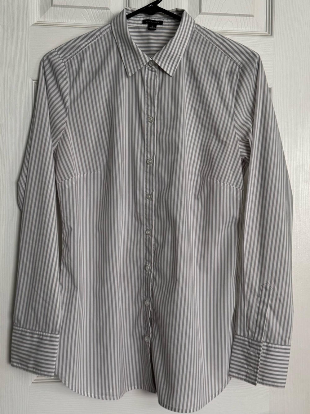 Ann Taylor Women’s White and Gray Vertical Stripe Dress Shirt